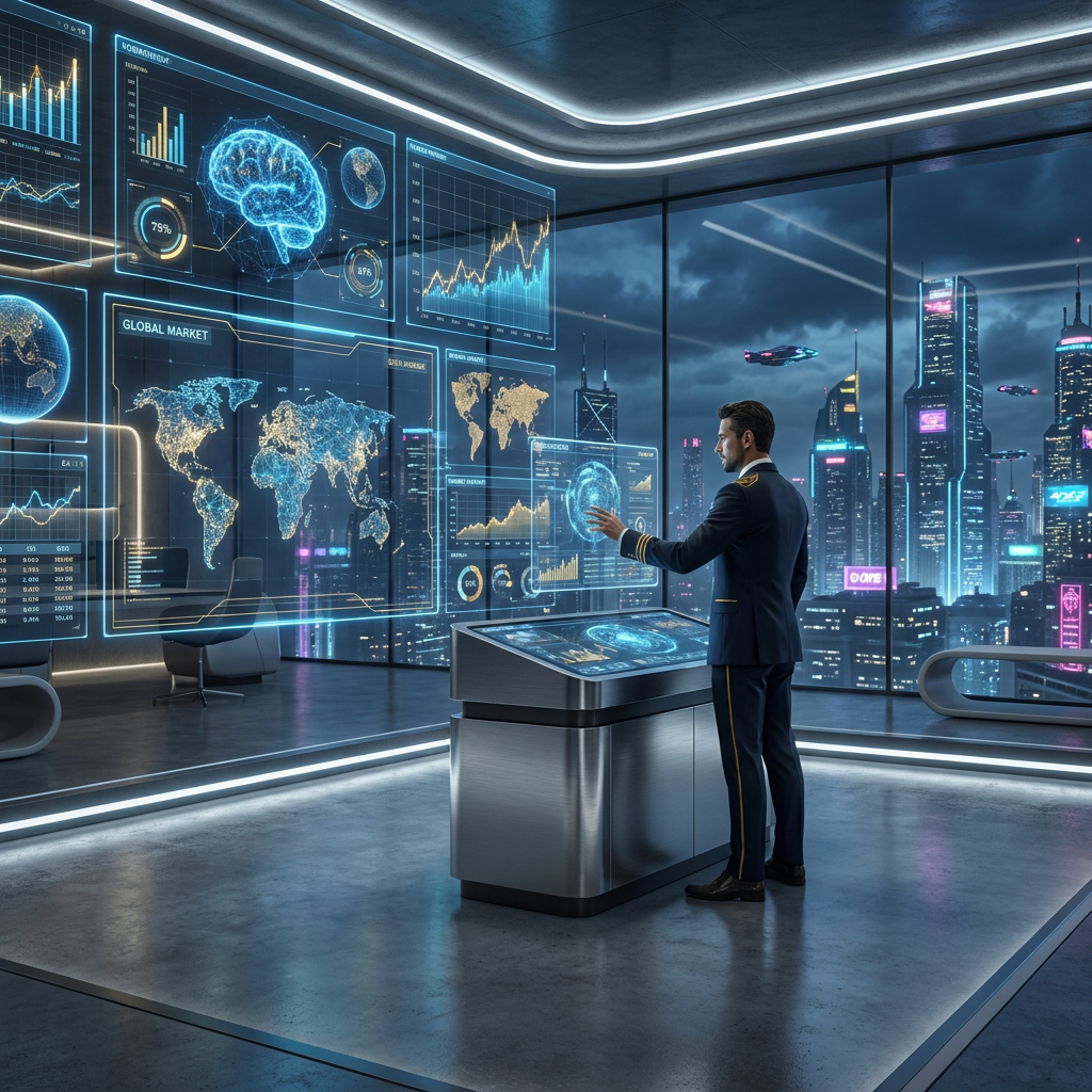 A high-tech holographic marketing command center for AI SEO strategy