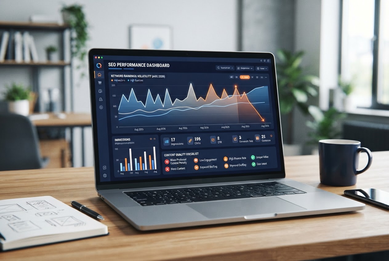 SEO analytics dashboard illustrating ranking volatility after the August 2026 spam update