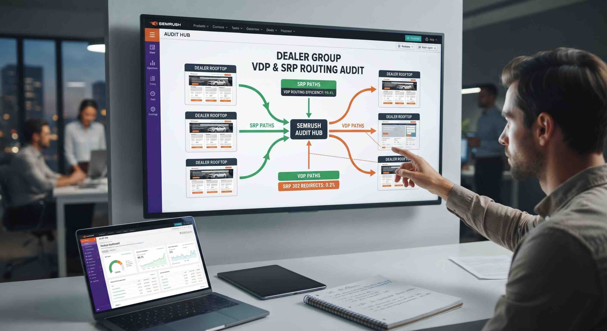 Digital strategist reviewing a Semrush VDP and SRP routing audit dashboard on a large office monitor during an automotive website migration.