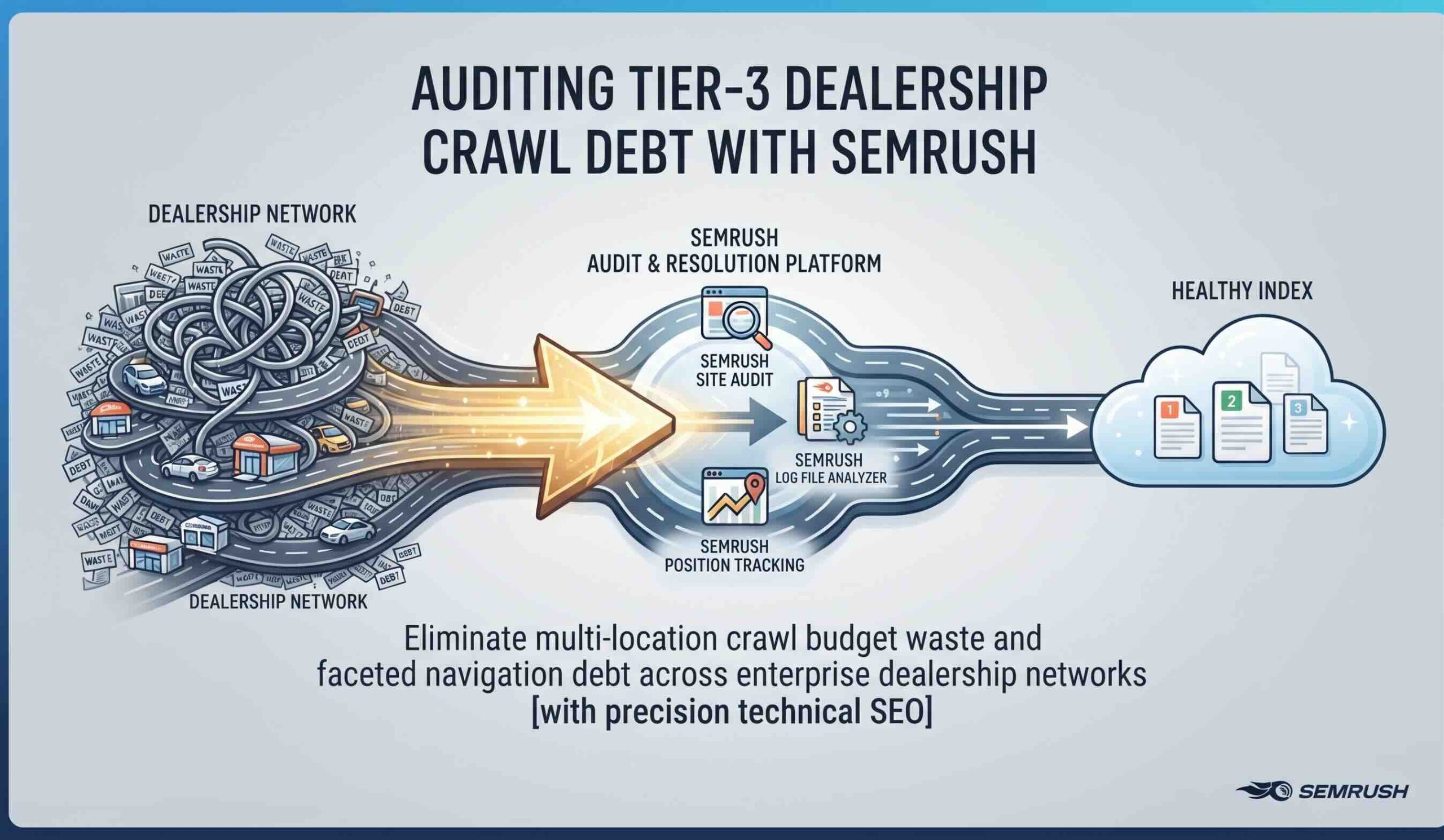 Technical SEO infographic illustrating the process of identifying and resolving Tier-3 dealership crawl debt and multi-location crawl budget waste using Semrush tools.
