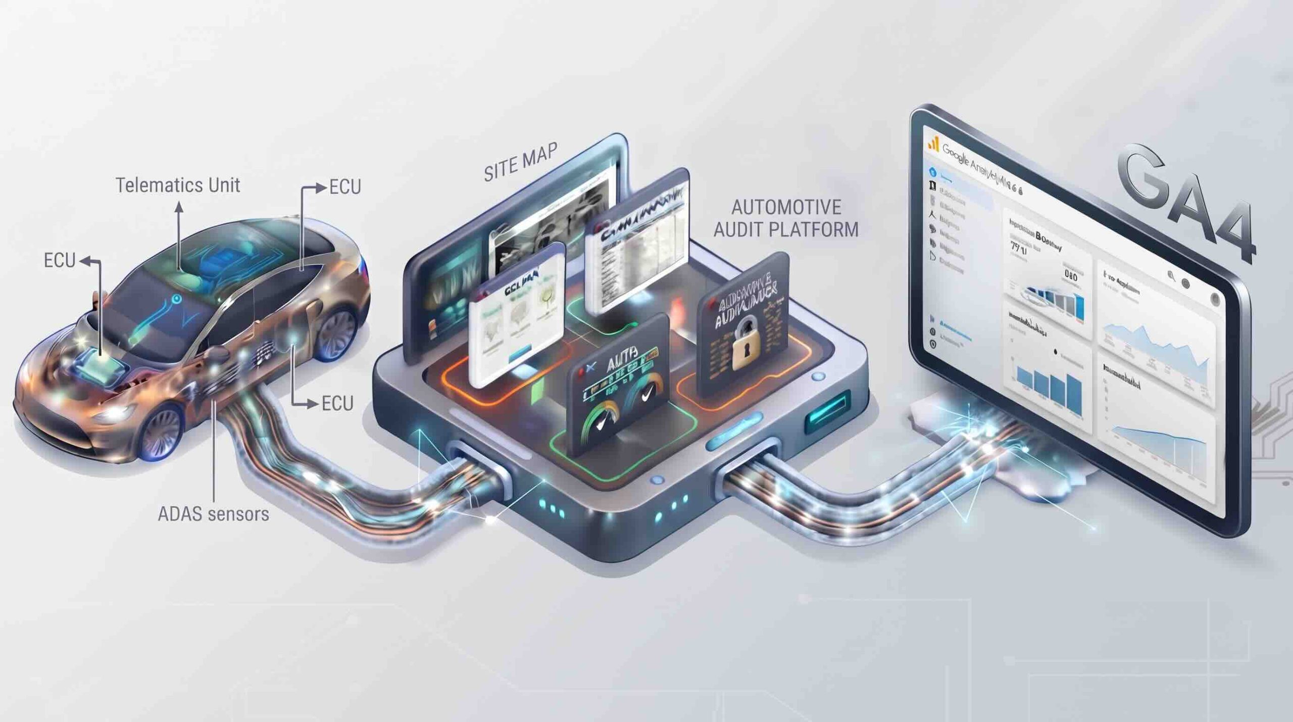 Infographic showing vehicle data flowing from a car to an automotive audit platform and then to a Google Analytics 4 (GA4) dashboard