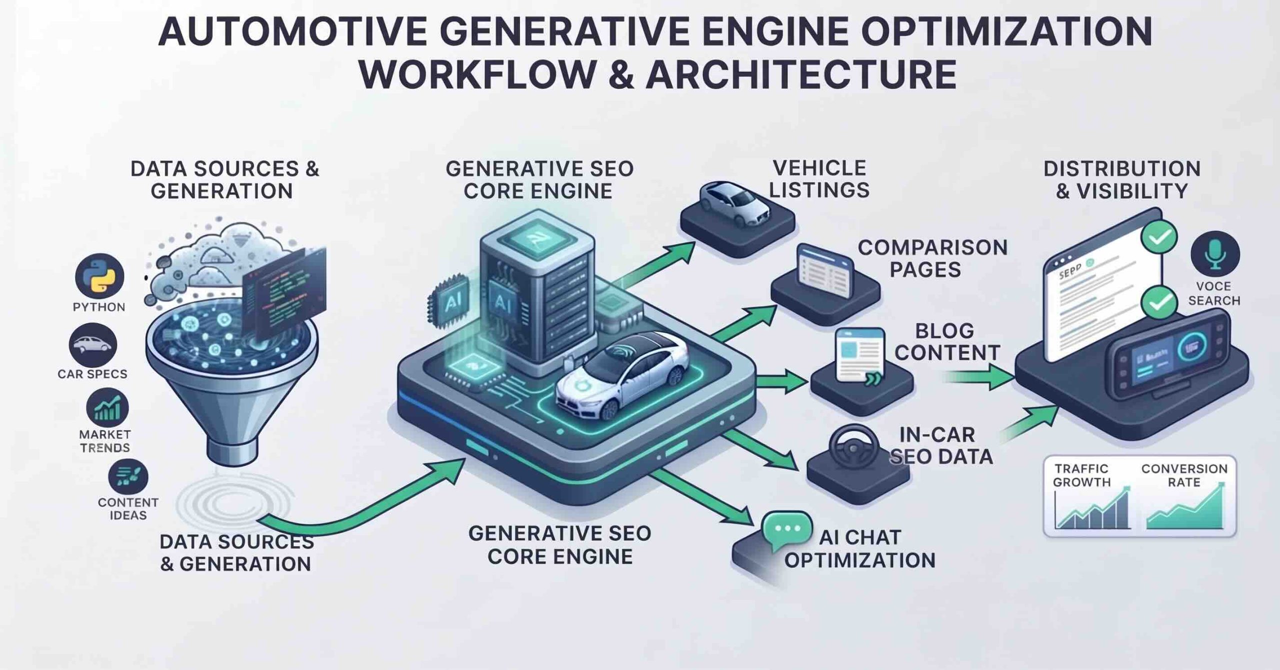 Infographic illustrating the workflow and architecture for automotive generative SEO, from data sources to AI engine and content distribution