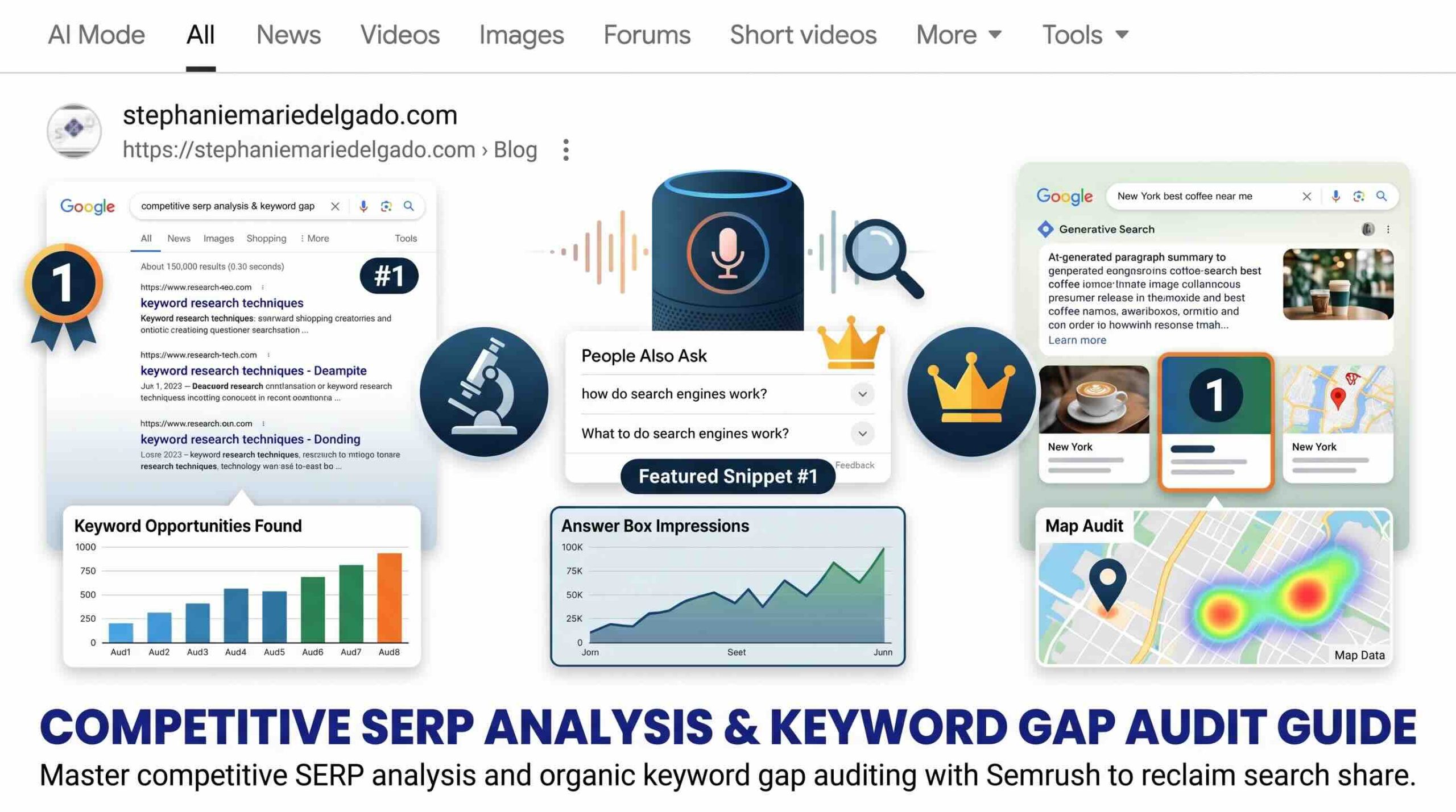 Competitive SERP analysis and keyword gap audit guide graphic showcasing Google search results, position #1 rankings, AEO featured snippets, and generative search maps.
