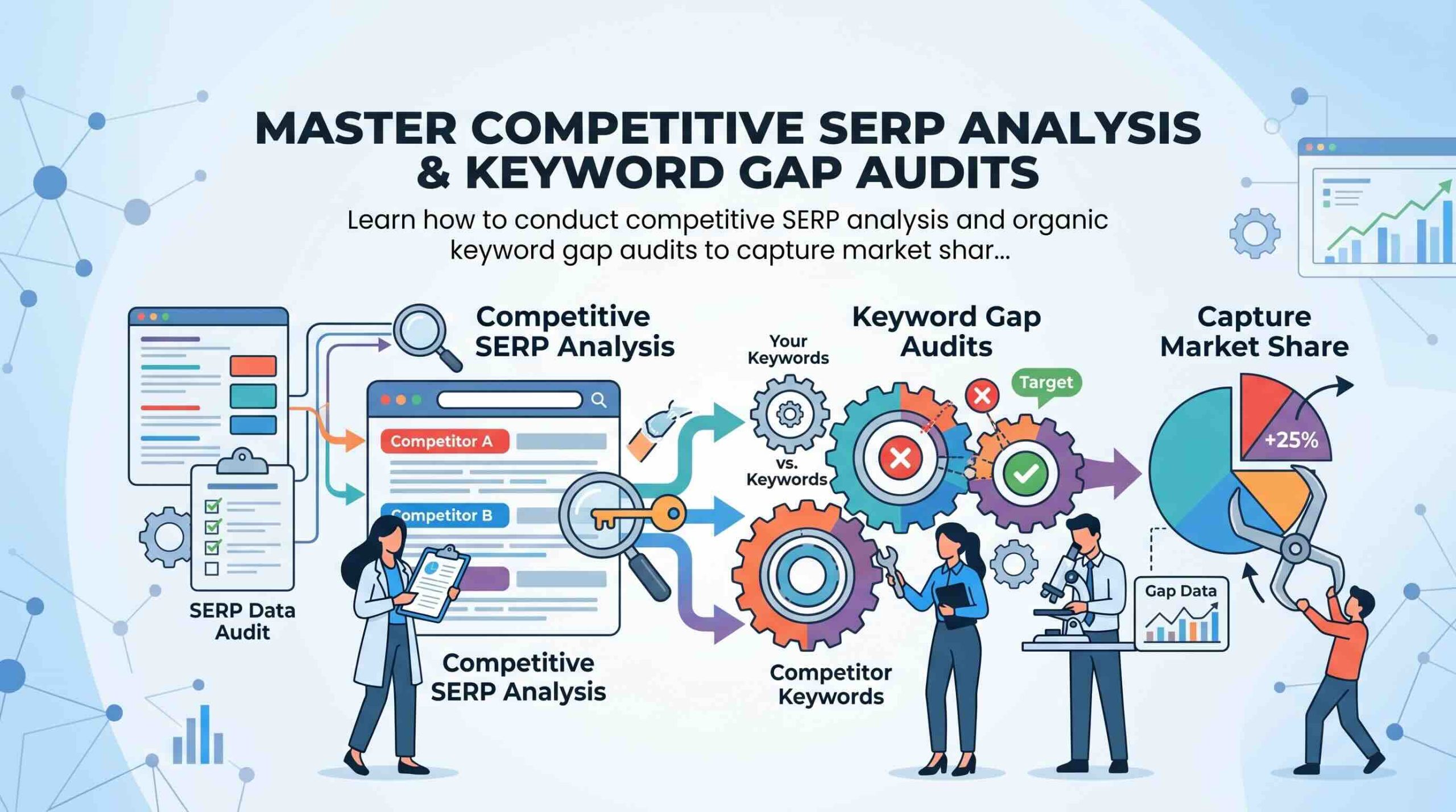 Infographic illustrating a process for mastering competitive SERP analysis and keyword gap audits to capture market share.
