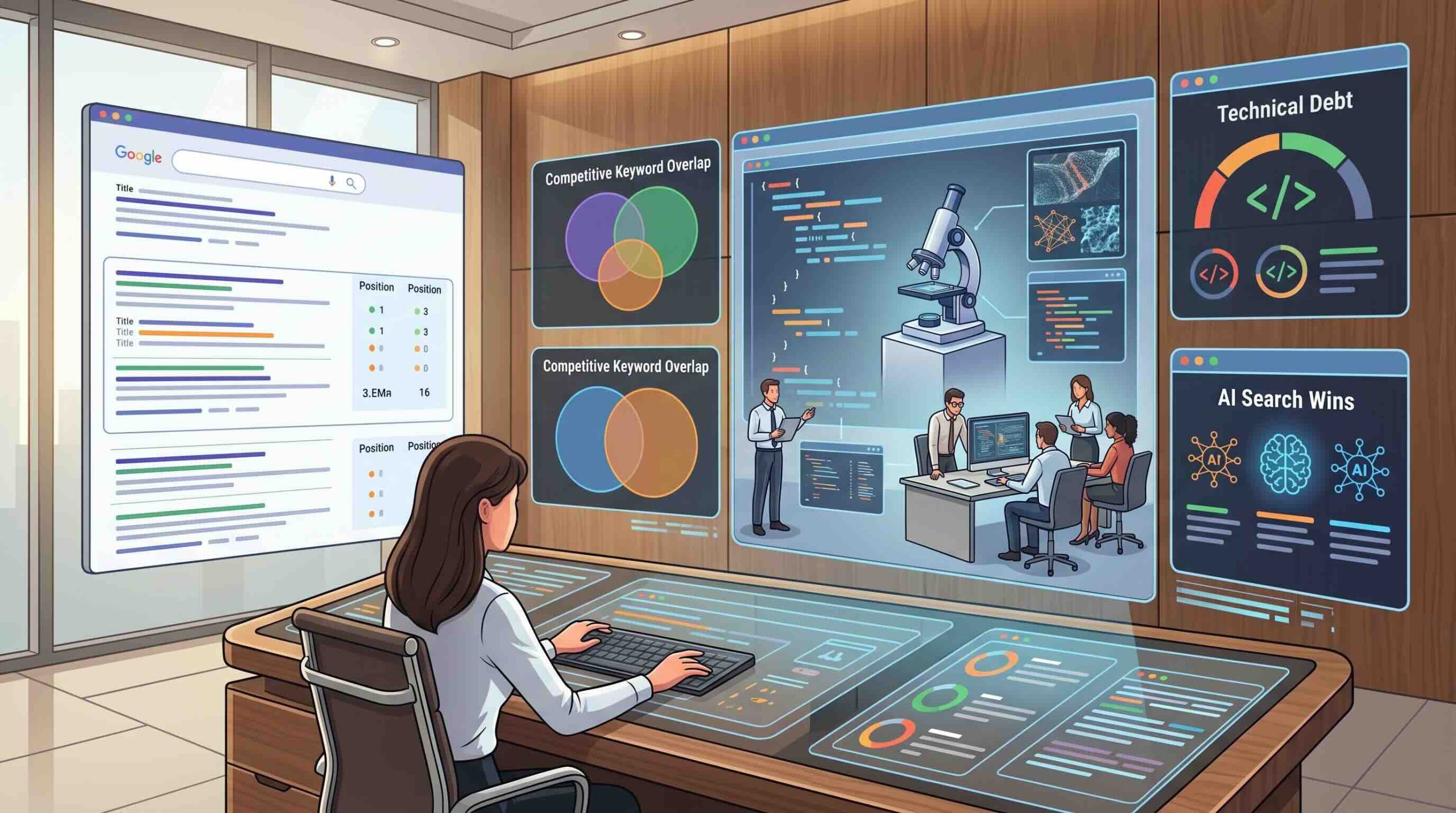An analyst uses a multi-screen, holographic SEO dashboard visualizing SERP data, competitive keyword overlaps, code analysis, technical debt, and AI search metrics.