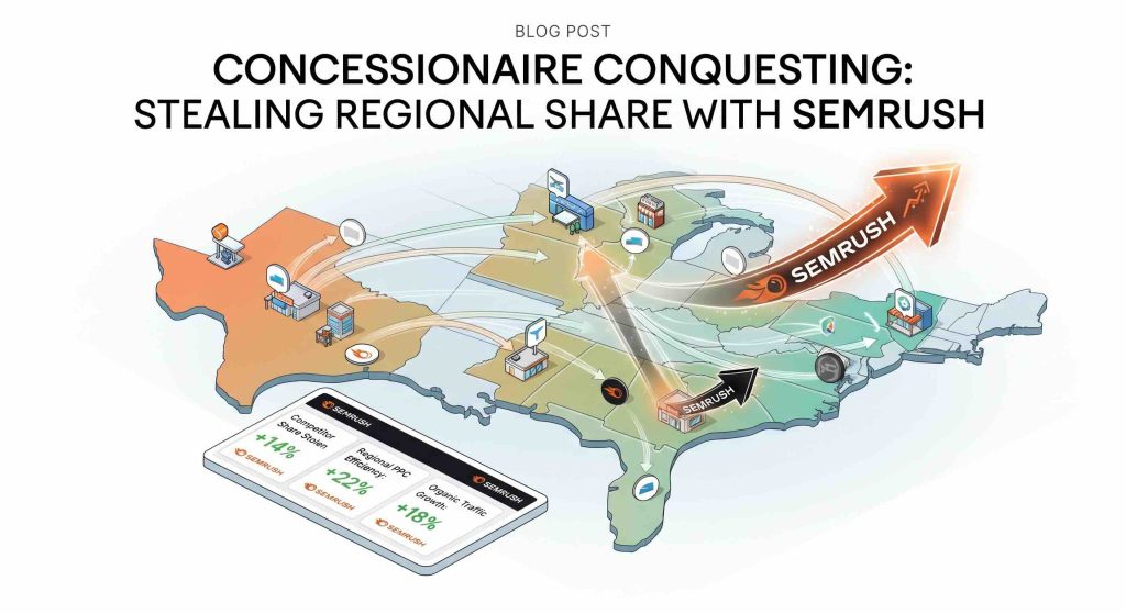 An isometric map graphic illustrating multi-location automotive dealership conquesting and regional market share growth using SEMrush analytics dashboards and orange directional growth arrows