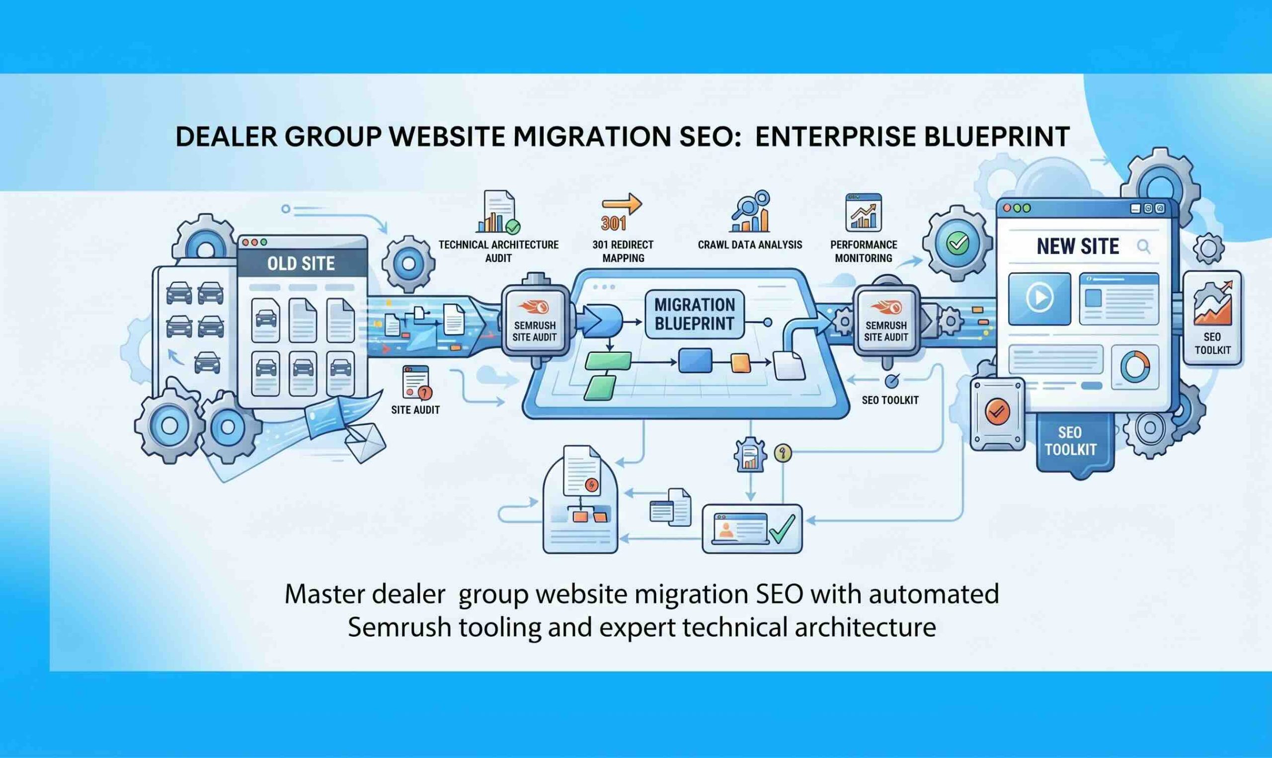 Technical architecture diagram illustrating a dealer group website migration SEO blueprint with automated Semrush tooling, 301 redirects, and crawl data analysis