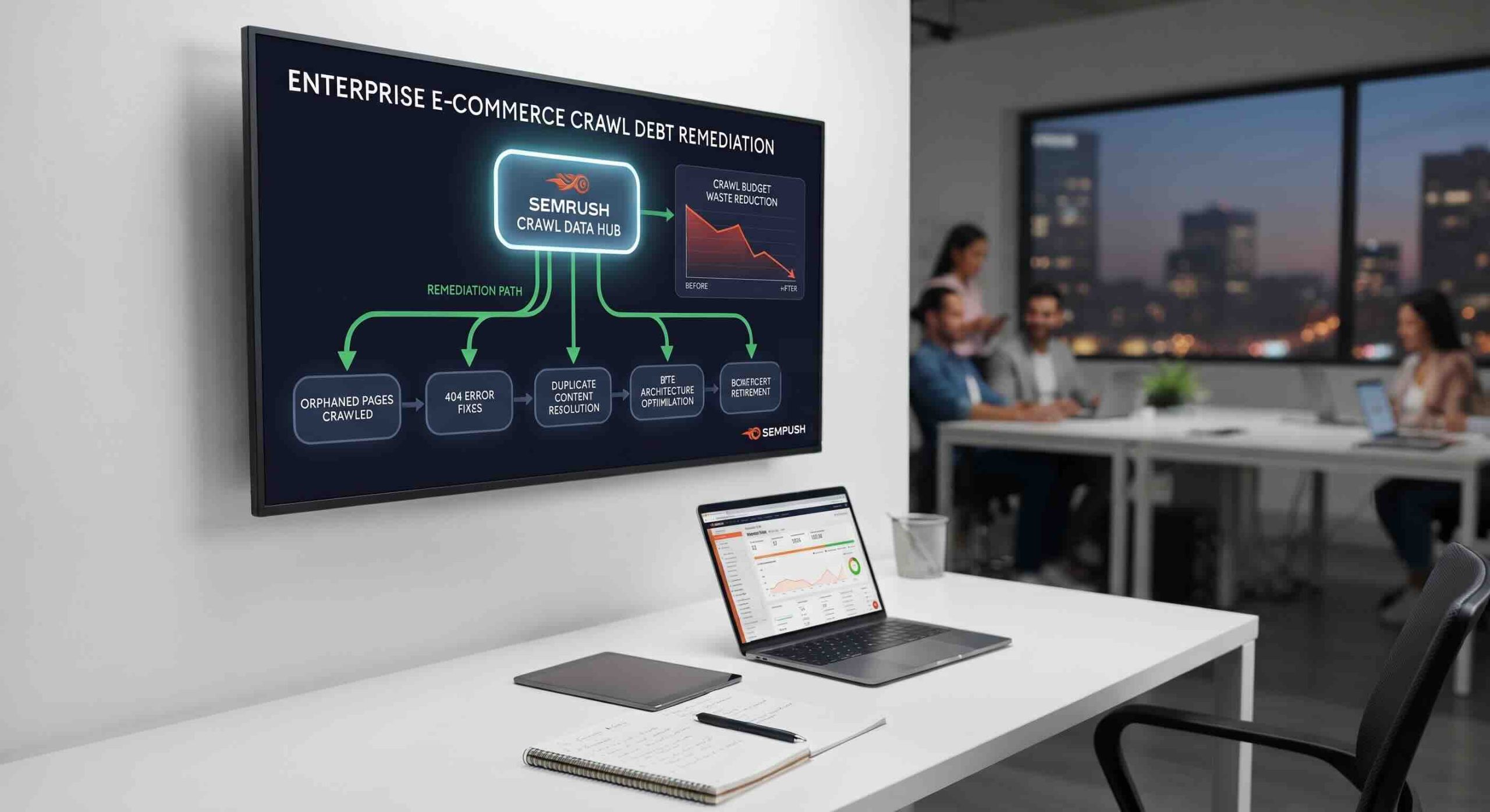 Office monitor displaying a Semrush crawl debt remediation flowchart and budget graph, with a foreground desk and blurred team background.
