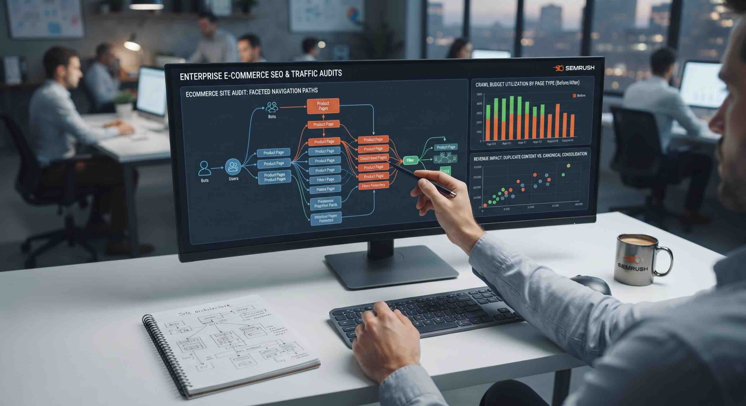 Technical e-commerce SEO audit dashboard on a wide monitor showing faceted navigation paths and crawl budget data, with a digital strategist pointing at the screen. A notebook with a hand-drawn site architecture diagram and a Semrush-branded mug are on the desk.