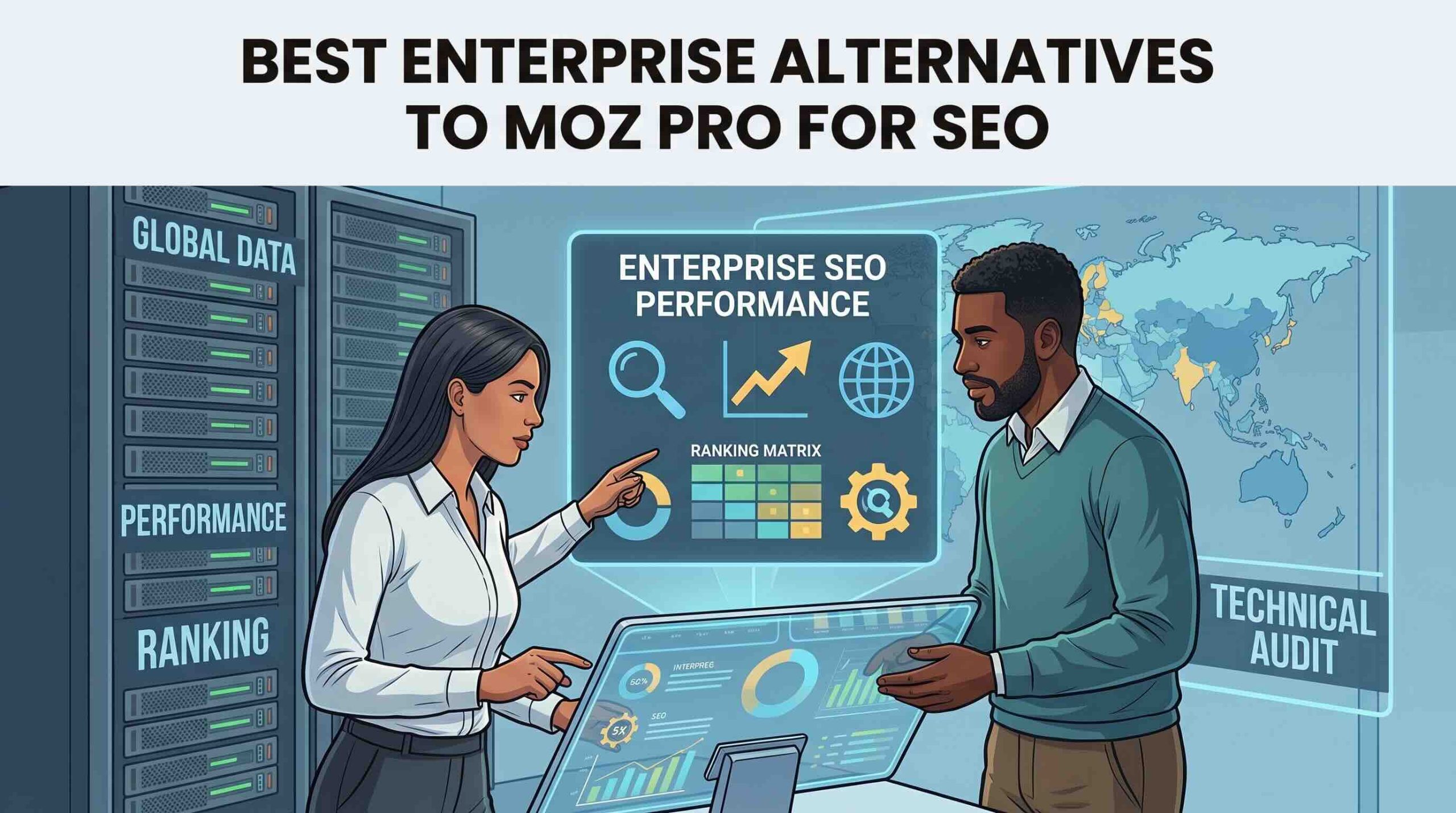 An illustrative blog banner titled "BEST ENTERPRISE ALTERNATIVES TO MOZ PRO FOR SEO," featuring a female and a male SEO professional working with multiple digital data visualizations. The visualizations show "ENTERPRISE SEO PERFORMANCE," "GLOBAL DATA," a world map with search metrics, and specific areas for "PERFORMANCE," "RANKING," and "TECHNICAL AUDIT." They stand next to stylized server racks with text labels