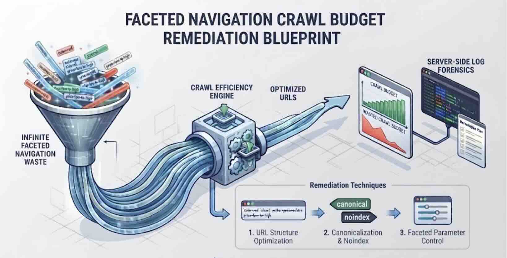 An infographic illustrating a blueprint for remediating crawl budget waste from faceted navigation. A funnel represents 'Infinite Faceted Navigation Waste', feeding into a 'Crawl Efficiency Engine' that outputs 'Optimized URLs' and a recovering 'Crawl Budget' graph. Three key remediation techniques are shown: 1. URL Structure Optimization, 2. Canonicalization & Noindex, and 3. Faceted Parameter Control. Server-side log forensics are also depicted.
