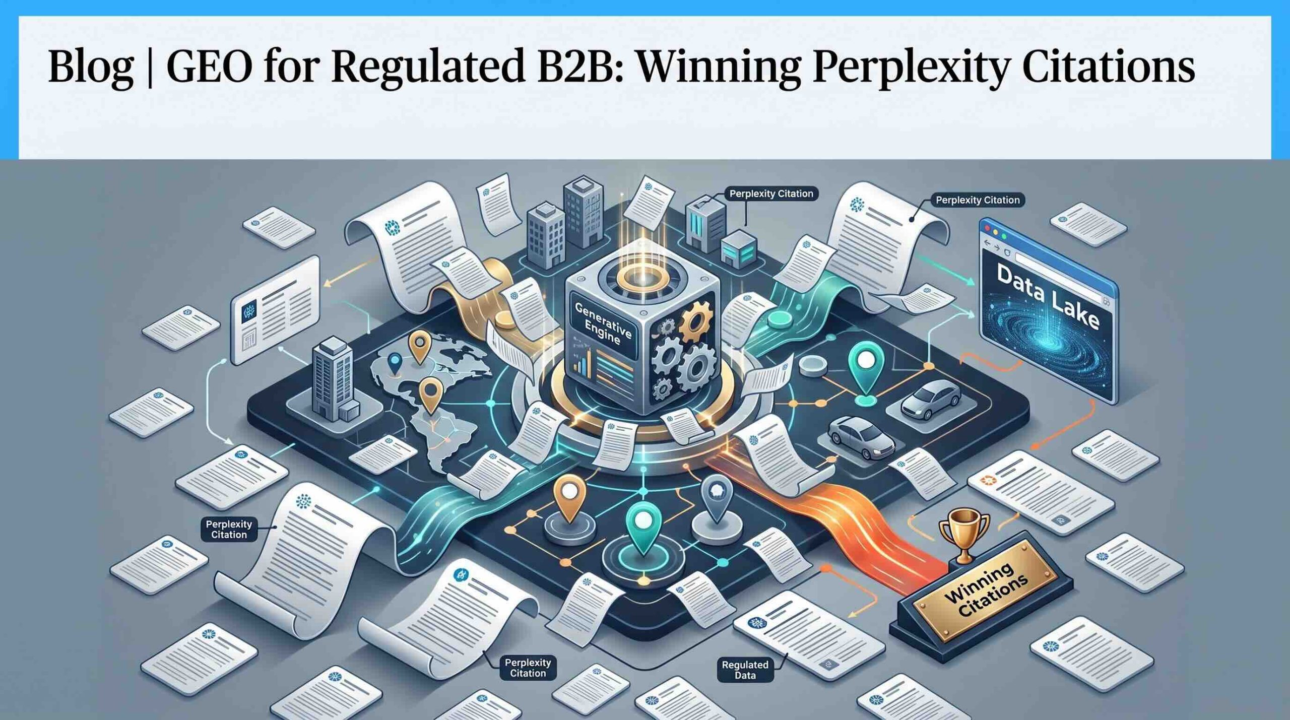 Infographic showing GEO for regulated B2B with "Winning Perplexity Citations" and a central "Generative Engine"