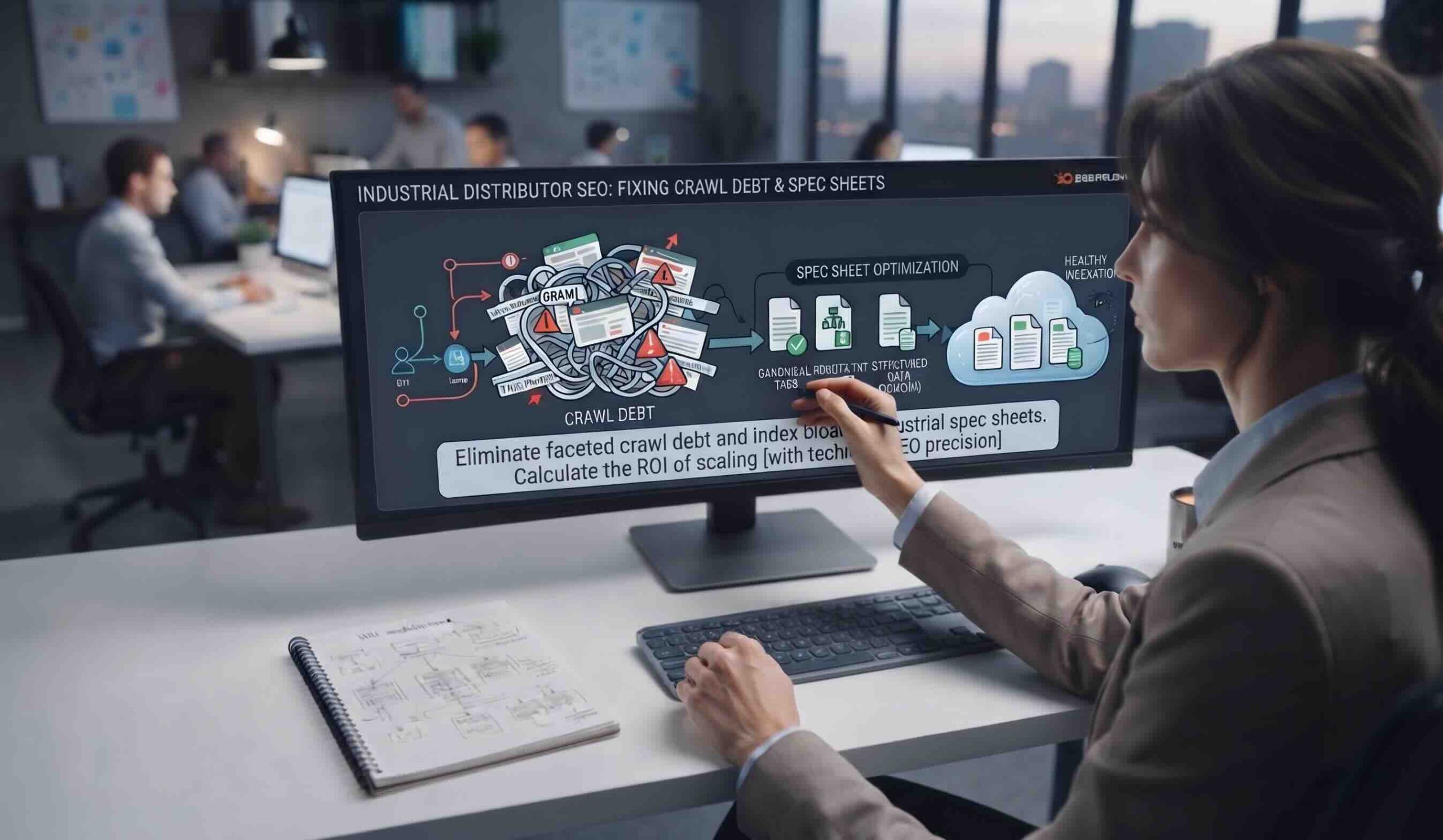 A technical SEO infographic detailing the process of identifying and resolving crawl debt for industrial distributor websites, including spec sheet optimization. The image shows a professional analyzing the data on a large monitor in an office setting.