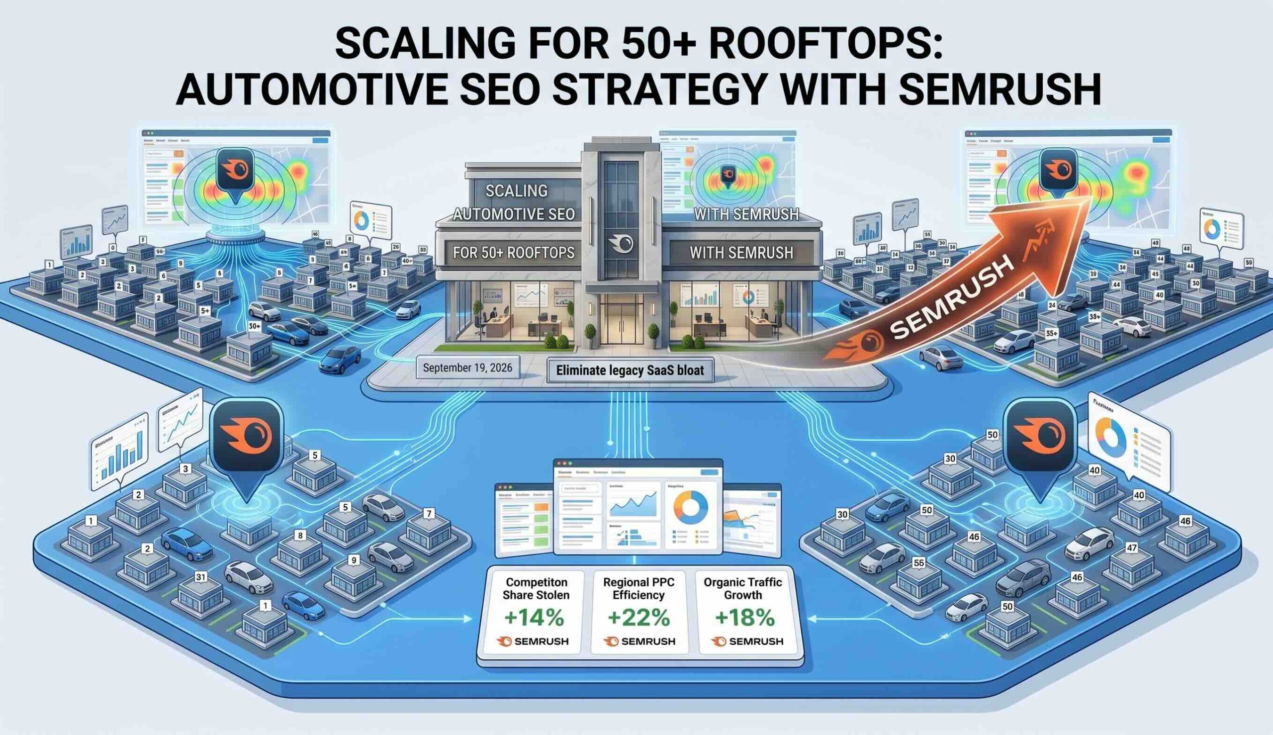Isometric illustration of scaling automotive SEO across 50+ dealership rooftops using Semrush multi-radius grid tracking, analytics dashboards, and regional performance metrics