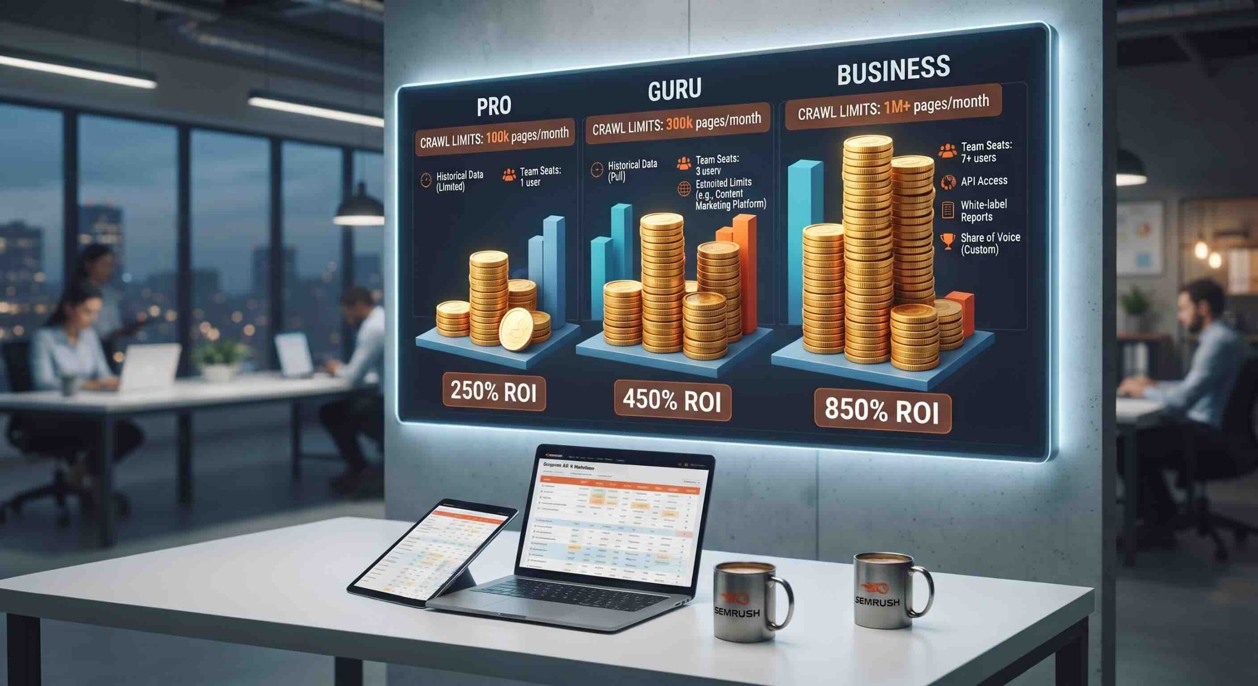 Semrush product comparison dashboard on a large office monitor showing Pro, Guru, and Business tiers with increasing gold coin stacks, crawl limits, team seats, and ROI percentages (250%, 450%, 850%) while a digital strategist points at the screen