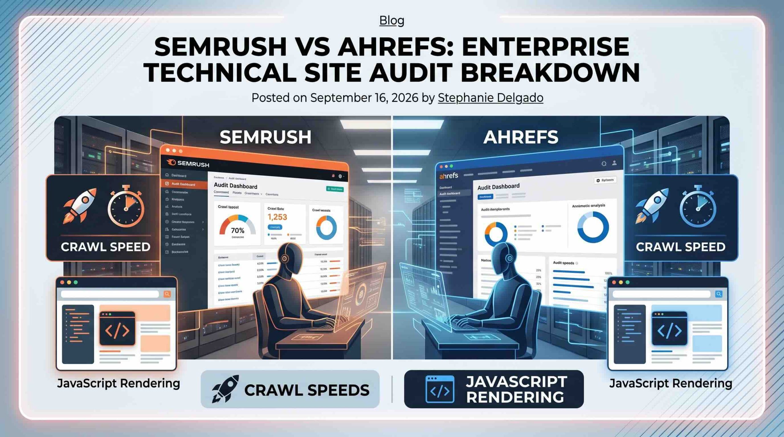 Split-screen comparison graphic illustrating Semrush and Ahrefs site audit dashboards, highlighting crawl speed and JavaScript rendering metrics