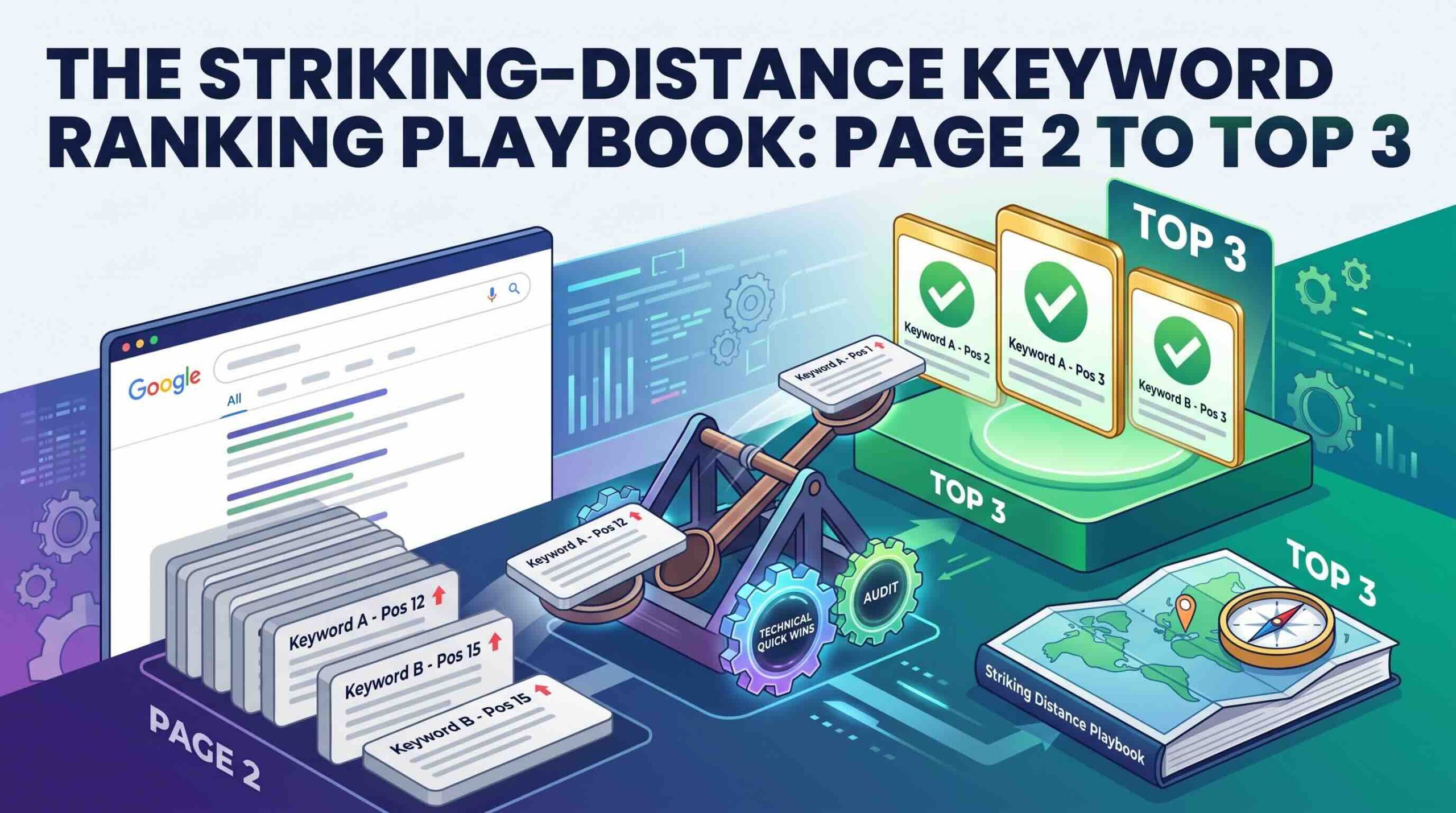 Infographic for an SEO playbook: illustrating striking-distance keyword ranking moving from Page 2 to the Top 3 on Google, featuring a catapult mechanism and position data (Keyword A - Pos 12, Keyword B - Pos 15)