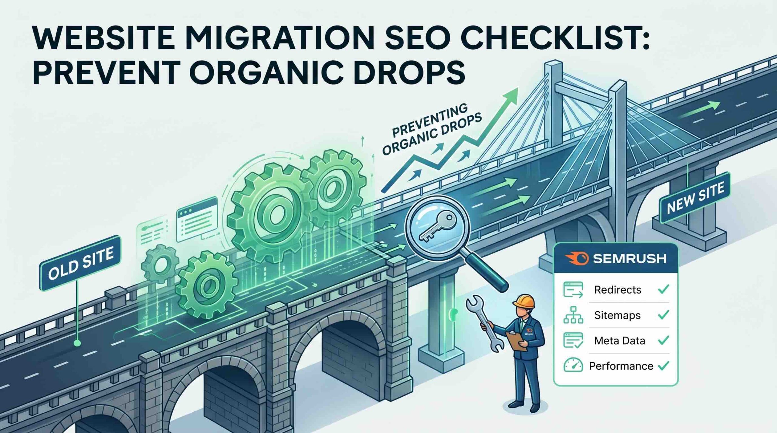 Website migration SEO checklist infographic illustrating a bridge connecting an old site to a new site, highlighting technical audits and organic traffic recovery